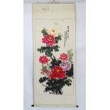 An Oriental scroll hand painted in watercolour gouache of pink, purple and orange peonies flowers,