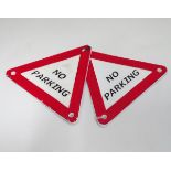Two 21st C Painted cast metal triangular 'No Parking' signs size 6" x 7" overall