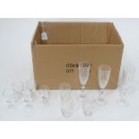 A box of assorted glass and crystal to include sherry glasses,