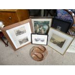 Carved hardwood dish and a collection of four pictures CONDITION: Please Note - we