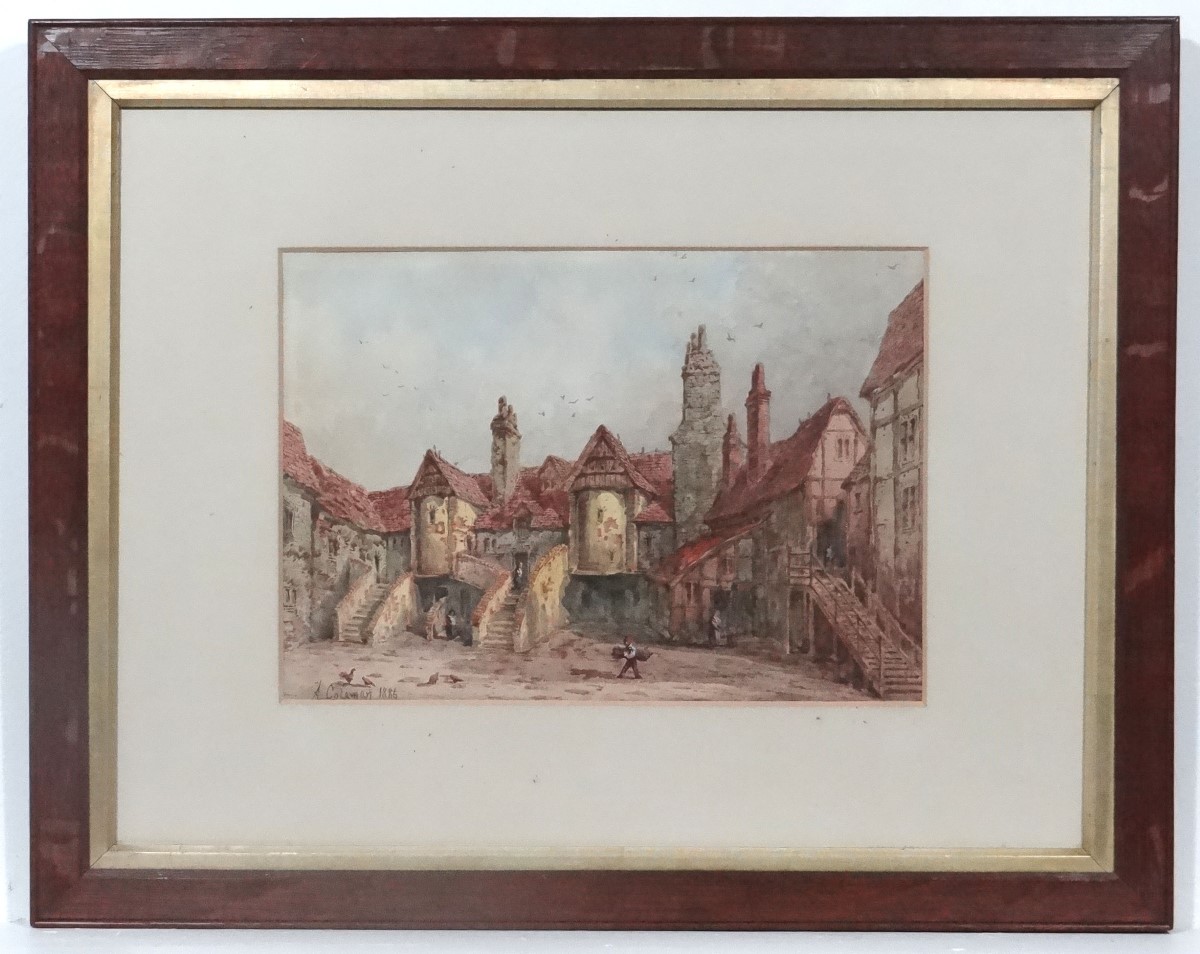 A Coleman 1866, Watercolour, An old Inn with figures, Signed and dated lower left.