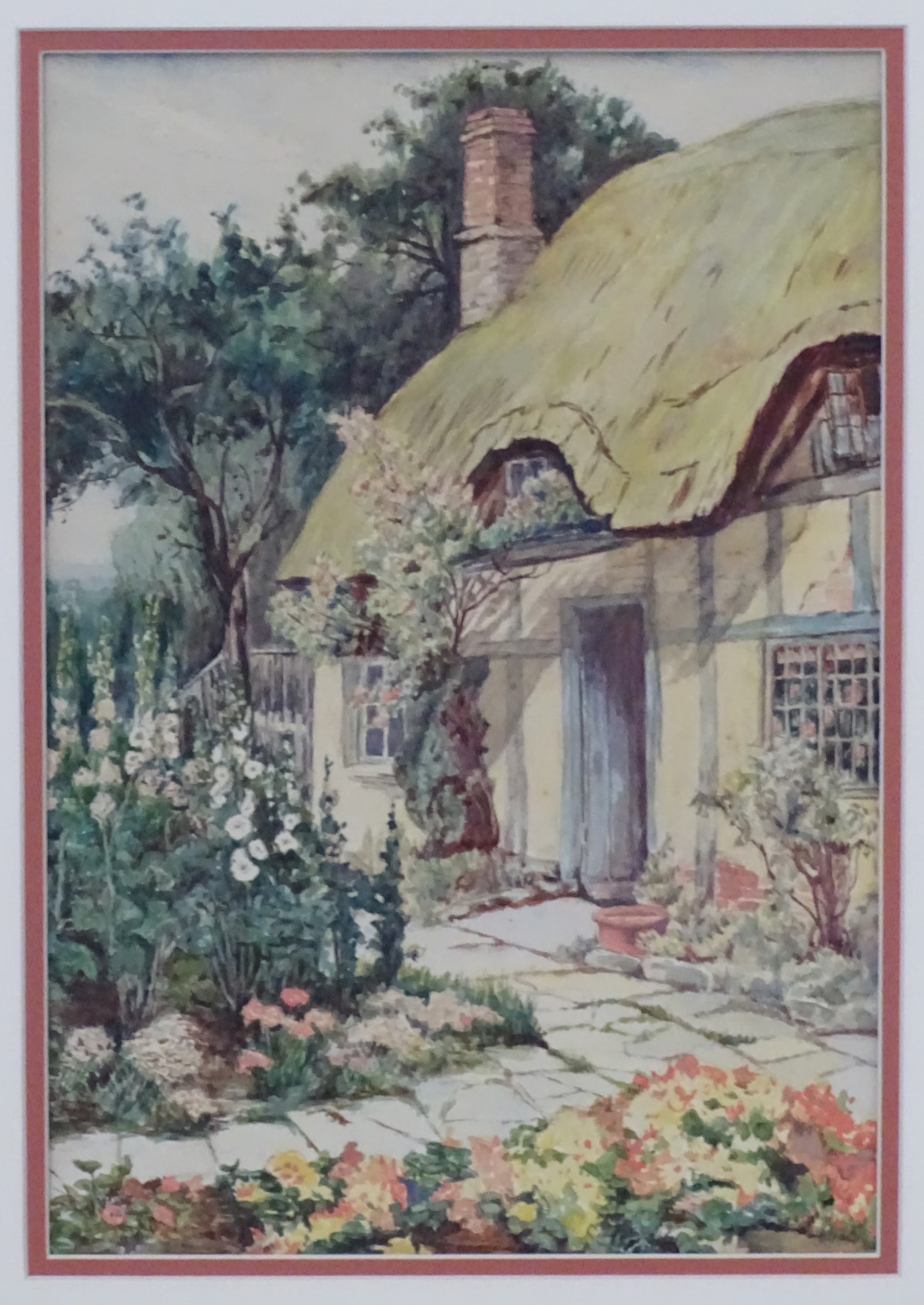 Mid- late XX English Cottage School, Watercolour, Hollyhocks before a thatched cottage. 11 3/4. - Image 3 of 4