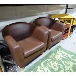 Vintage Retro : a pair of faux brown leather tub chairs standing on turned blonde wood short legs ,
