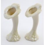 A pair of Belleek orange mark trumpet '' Jack in Pulpit '' bud vases in yellow lustre,