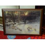 After J Farquharson, Coloured print, feeding sheep in the winter snow.
