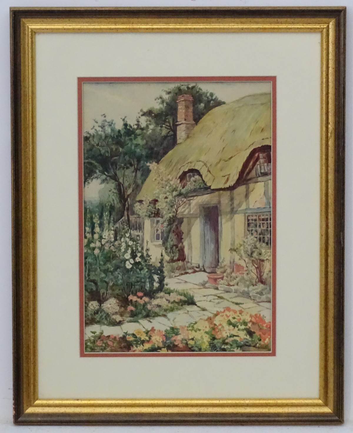 Mid- late XX English Cottage School, Watercolour, Hollyhocks before a thatched cottage. 11 3/4. - Image 2 of 4