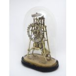 Skeleton clock : eight day fusee passing strike clock striking on a bell under a glass dome with