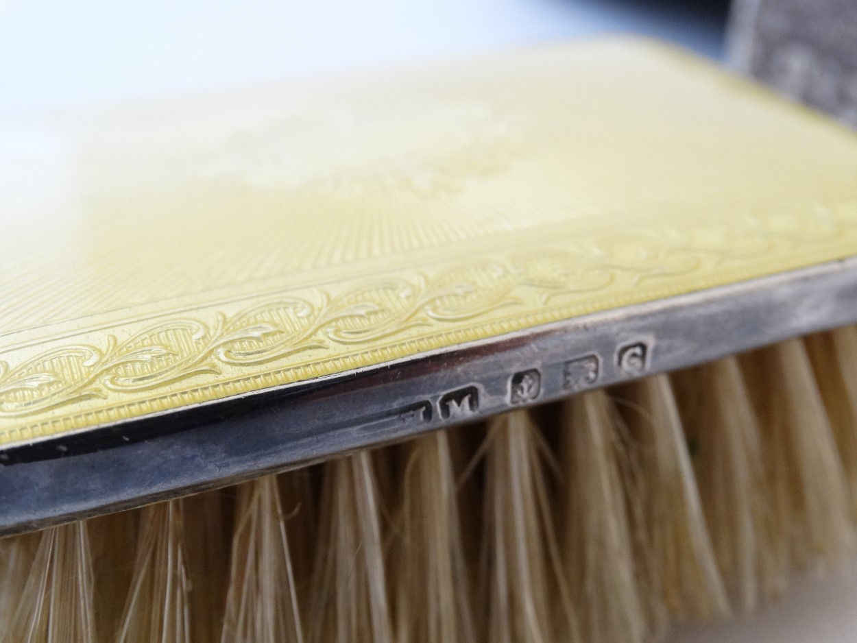 A silver backed hairbrush of rectangular form with yellow guilloché enamel decoration hallmarked - Image 3 of 4