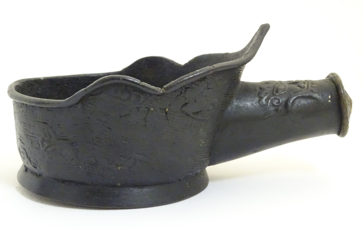 An old bronze Chinese silk iron, with cloisonne decoration to end, 7 1/4" long. - Image 14 of 19