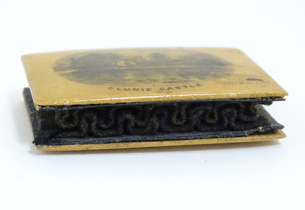 Mauchline ware : A Turned treen 2-sectional needle case , decorated with image of Clunie Castle. - Image 4 of 4