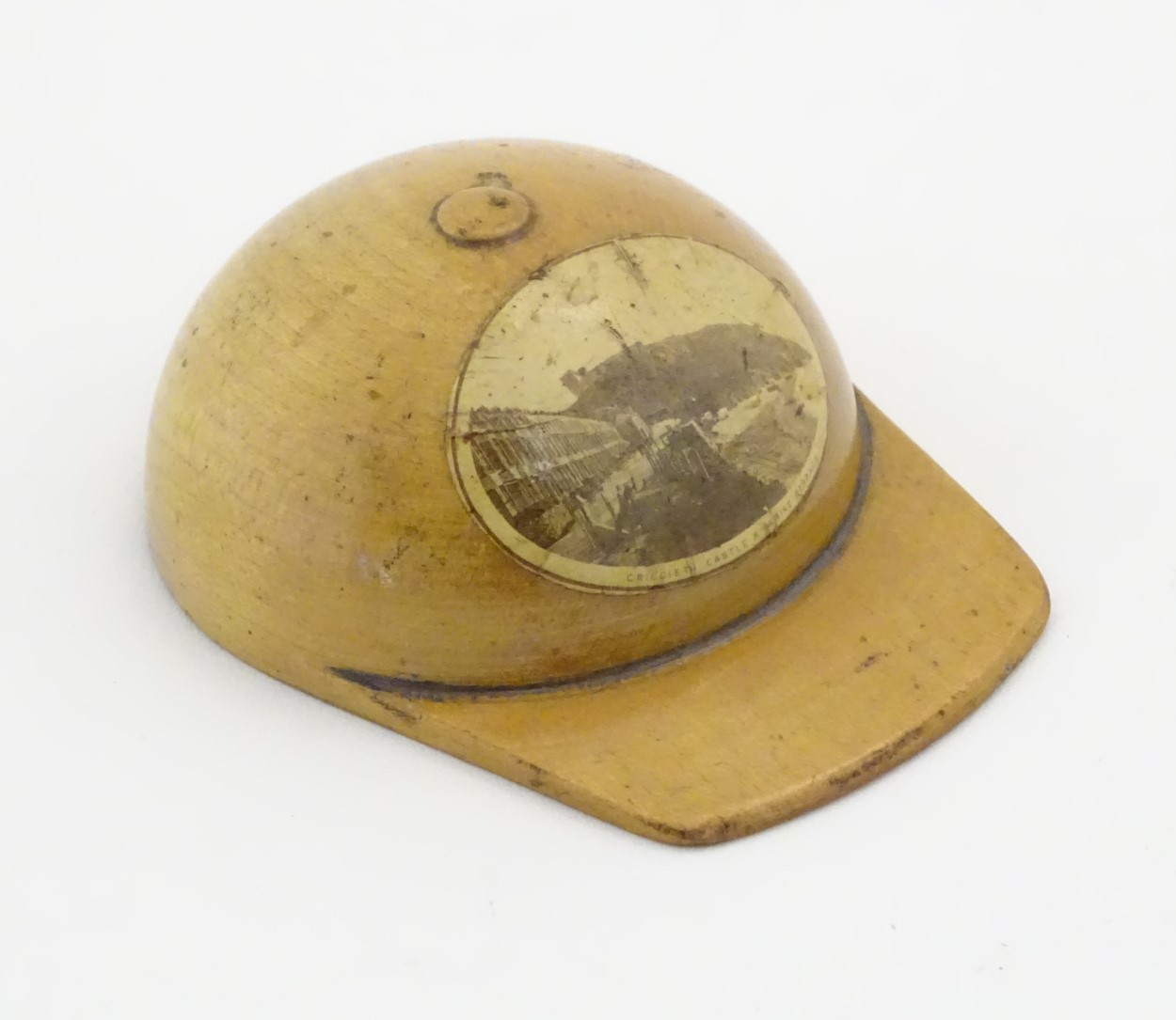 Mauchline ware: A novelty treen model of a jockey cap/riding hat,