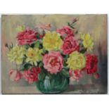 Deirdre Henty Creer (XX) FRSA, Oil on canvas, Still Life of old roses in a vase,