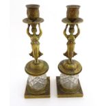 A pair of early- mid 19 thC gilded figural candlesticks with glass hobnail socles ,