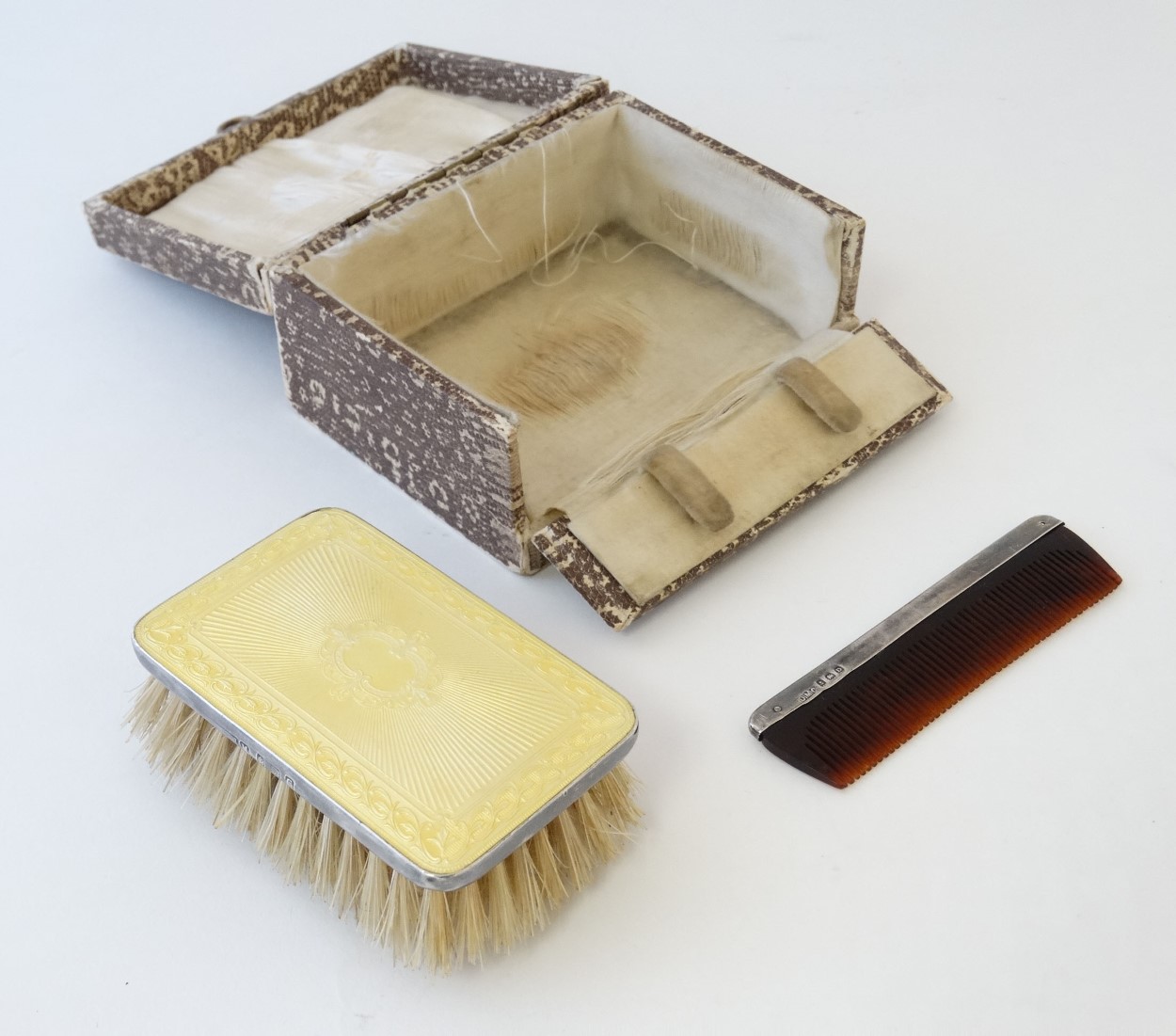 A silver backed hairbrush of rectangular form with yellow guilloché enamel decoration hallmarked - Image 2 of 4