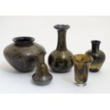 Studio / Art glass : 5 various glass vases dark ground with iridescent gilt like finish.
