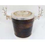 A large silver plate ice/ champagne bucket / wine cooler with wooden banded decoration to outer and