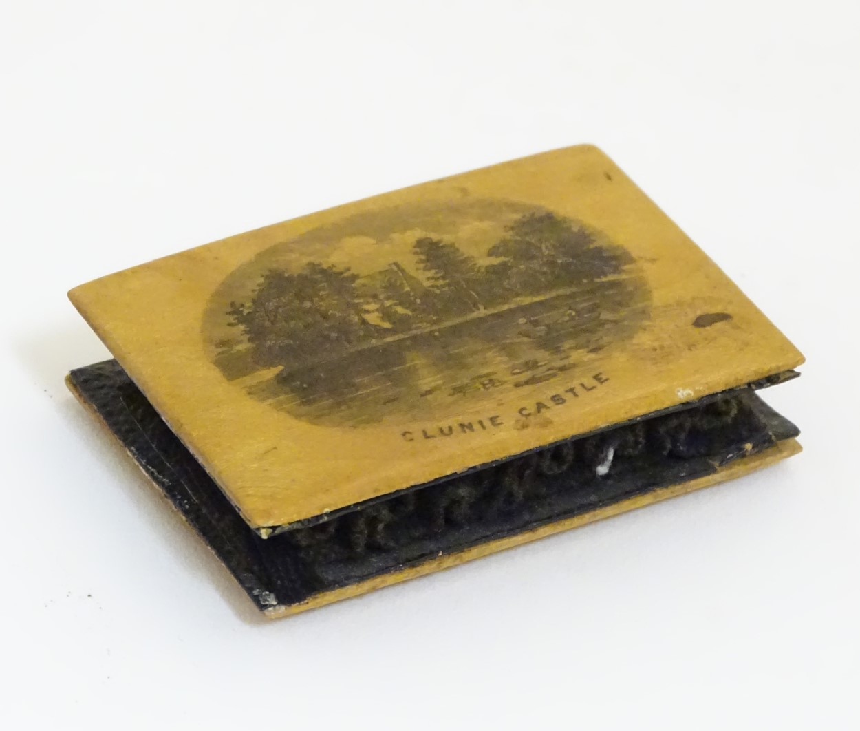 Mauchline ware : A Turned treen 2-sectional needle case , decorated with image of Clunie Castle.