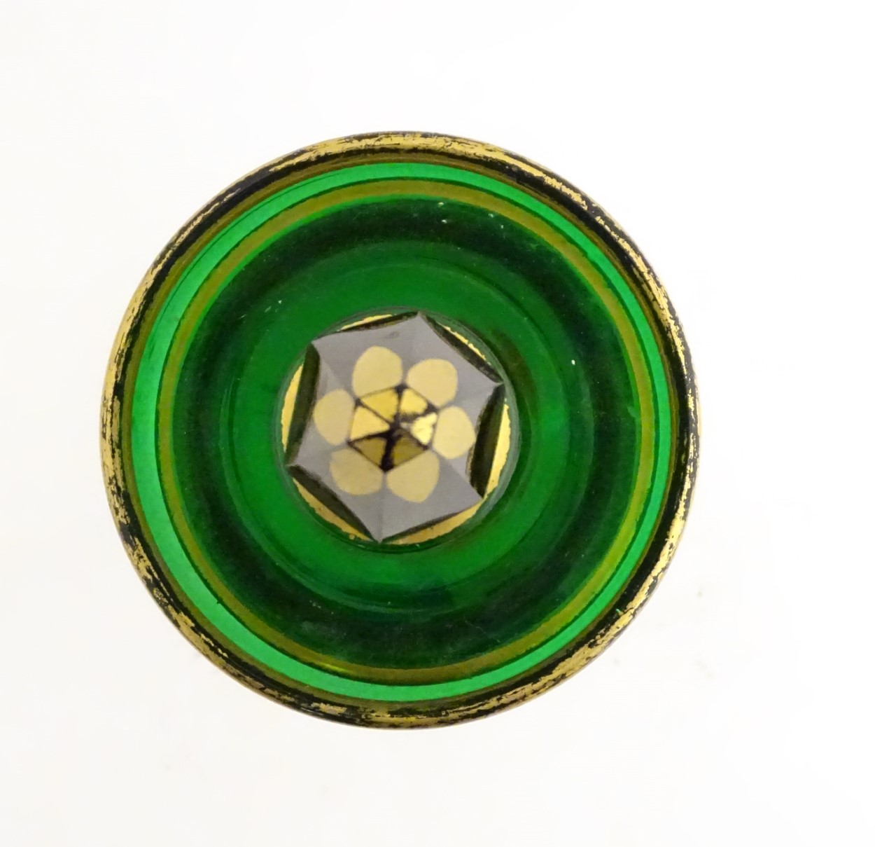 A Victorian tea light holder with a conical snuffer of green glass with gilded decoration, approx. - Image 4 of 8