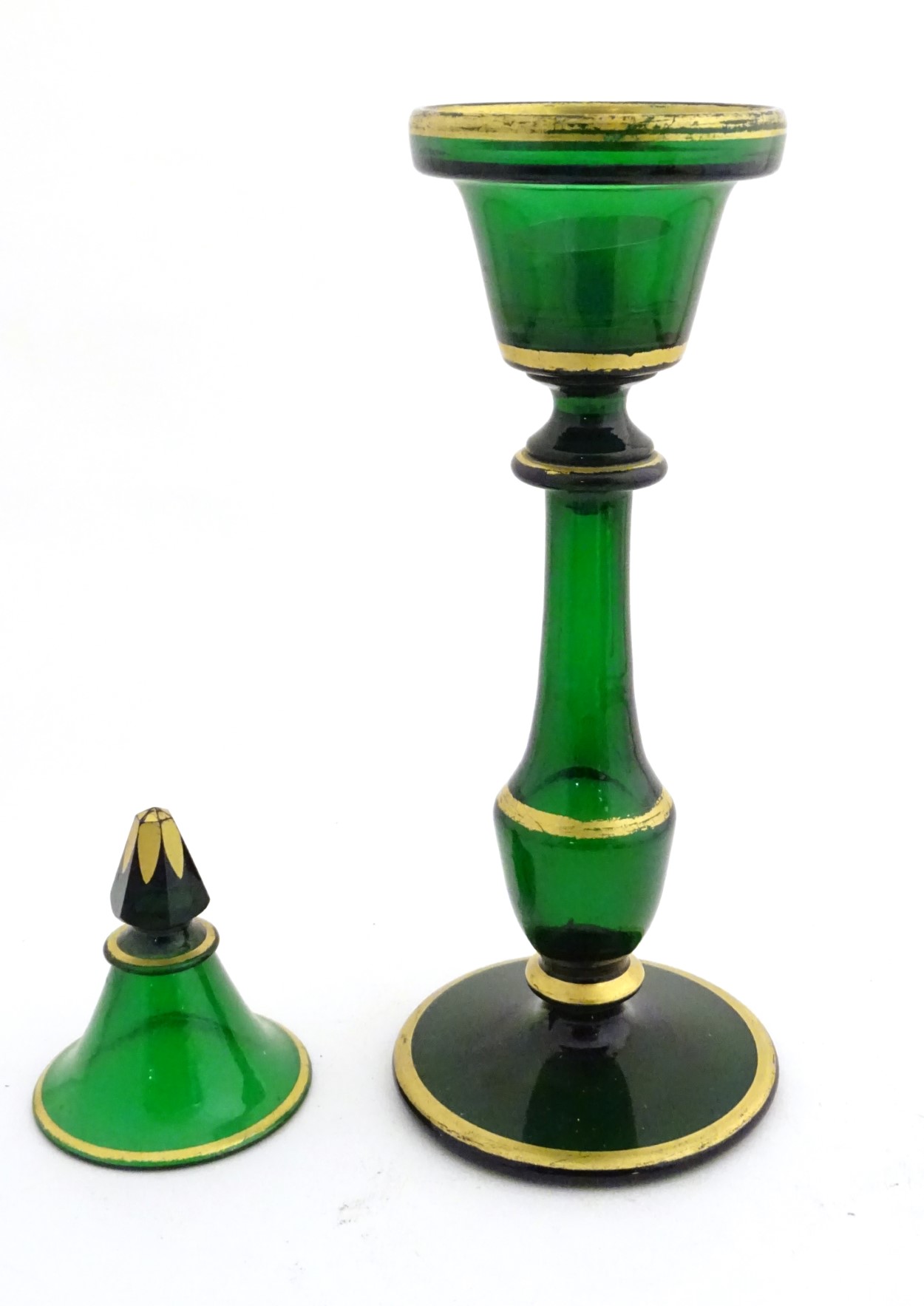 A Victorian tea light holder with a conical snuffer of green glass with gilded decoration, approx. - Image 6 of 8