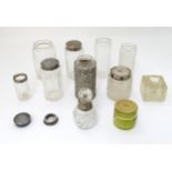 Assorted glass dressing table bottles etc, some with silver mounts and tops.