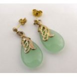 A pair of yellow metal drop earrings set with jade drops 1" long CONDITION: Please