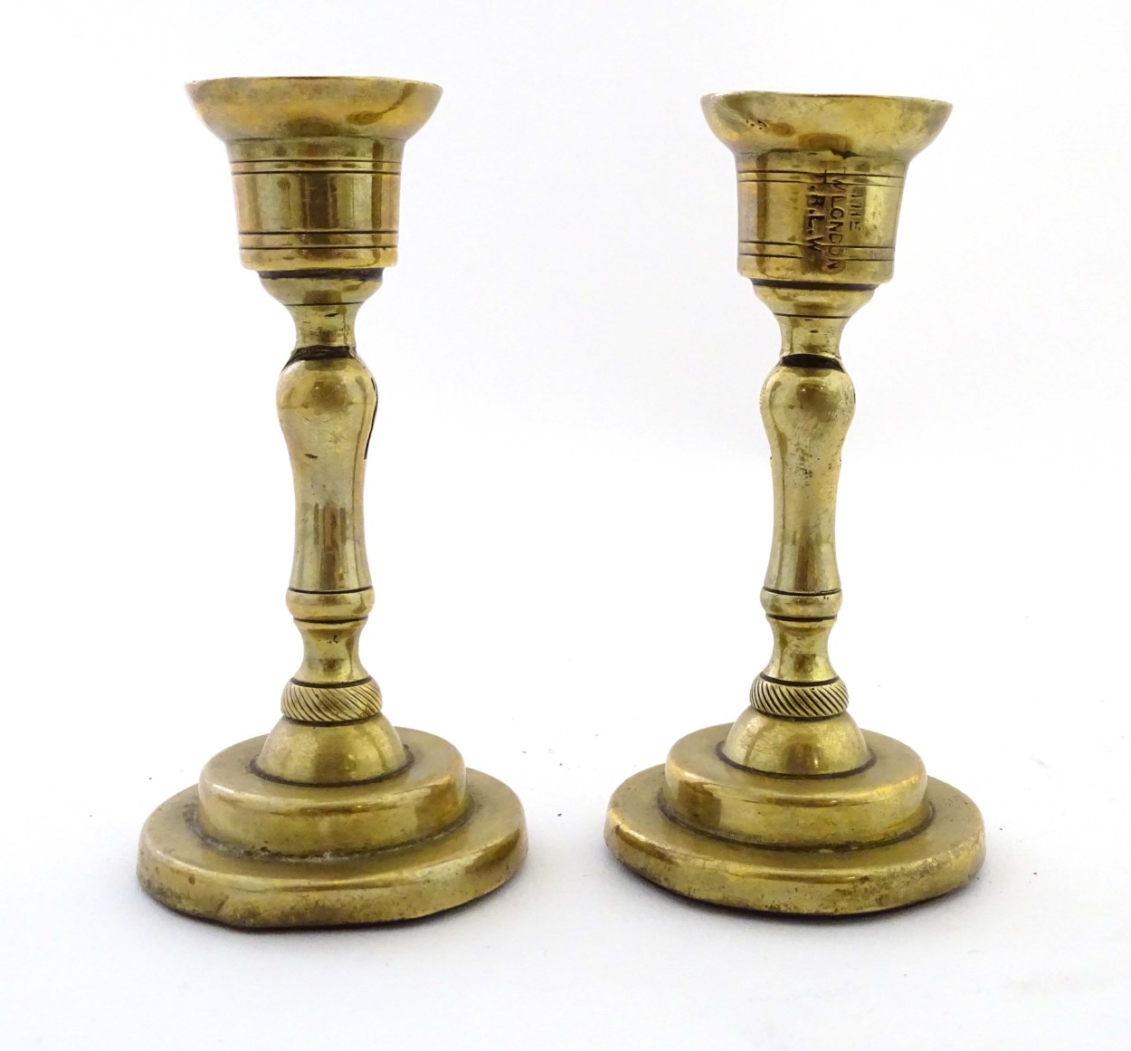 An unusual pair of brass candlesticks, having adjustable/angled sconces, marked 'The New London T.R. - Image 6 of 16