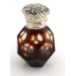 A purple glass scent bottle with white metal top. 21stC.
