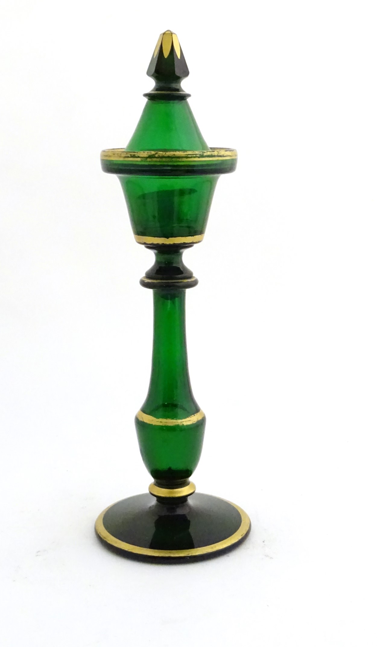 A Victorian tea light holder with a conical snuffer of green glass with gilded decoration, approx. - Image 2 of 8