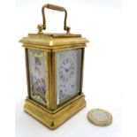 Miniature Carriage clock : a 21stC gilded Sevres style porcelain Panel carriage clock ( timepiece