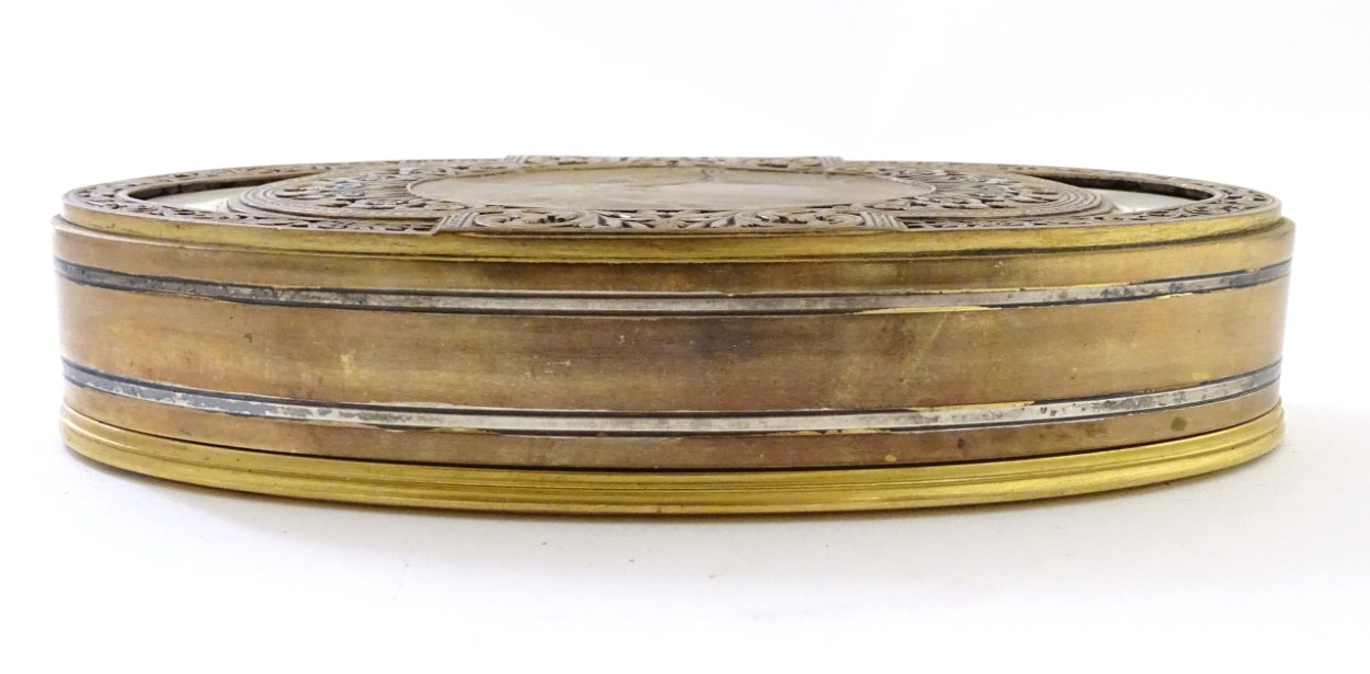 Art Nouveau : An oval gilded bronze and silver plate box having an image of a maiden picking fruit - Image 11 of 12
