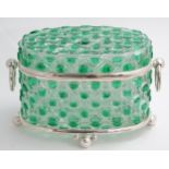 A hobnail cut glass table casket, green and clear glass with silver plate mounts and ring handles.