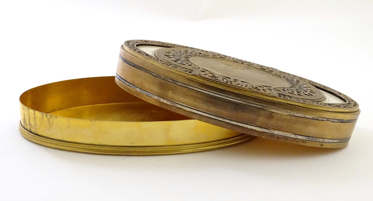 Art Nouveau : An oval gilded bronze and silver plate box having an image of a maiden picking fruit - Image 12 of 12