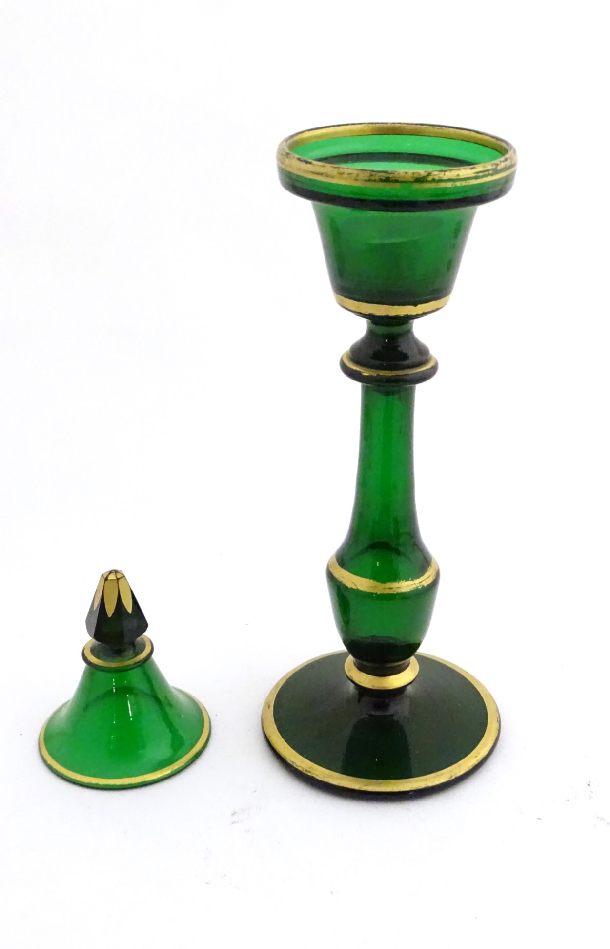 A Victorian tea light holder with a conical snuffer of green glass with gilded decoration, approx. - Image 7 of 8