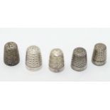5 various silver plate thimbles to include 3 ' Dorcas' examples numbered 6, 8 & 9.