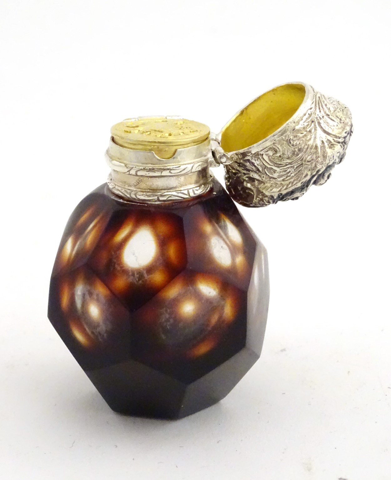 A purple glass scent bottle with white metal top. 21stC. - Image 6 of 9