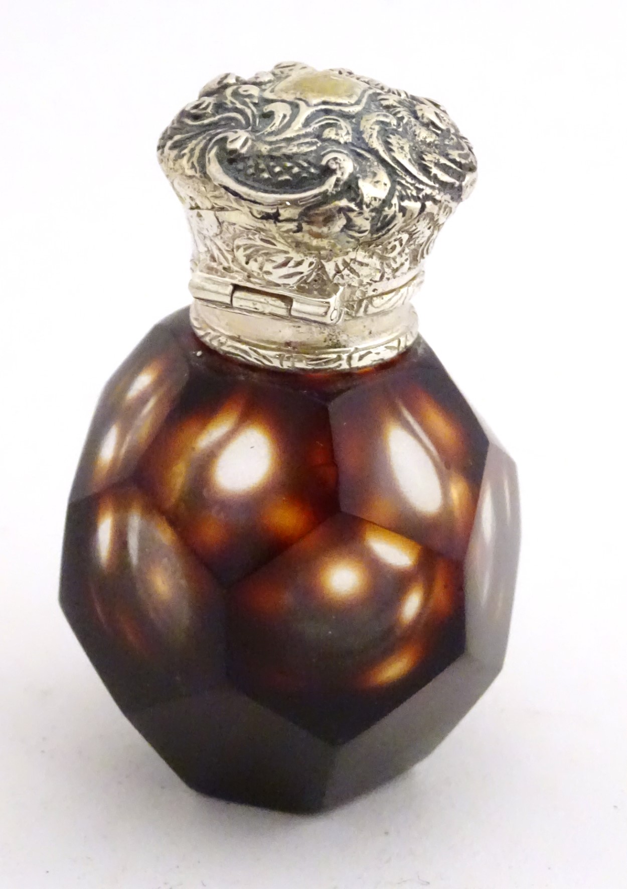 A purple glass scent bottle with white metal top. 21stC. - Image 3 of 9