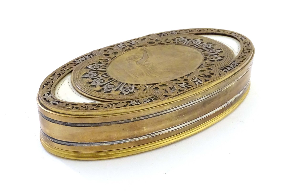 Art Nouveau : An oval gilded bronze and silver plate box having an image of a maiden picking fruit - Image 4 of 12