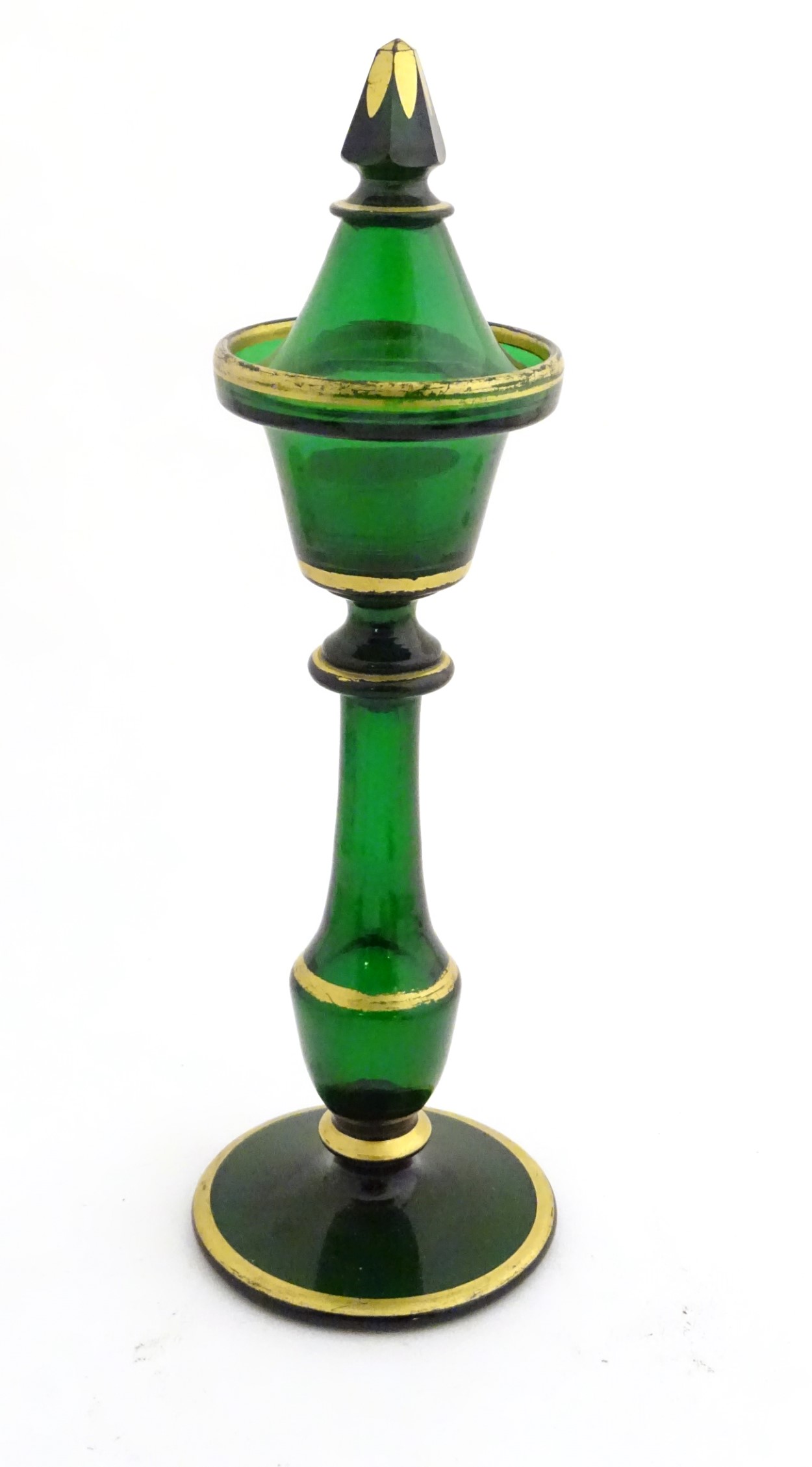 A Victorian tea light holder with a conical snuffer of green glass with gilded decoration, approx. - Image 3 of 8