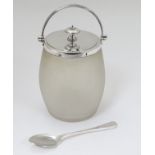 A glass preserve / jam pot with silver plate mounts lid and handle 6 1/2" high overall.