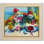 Russian School XX Oil on canvas Impressionist still life looking out to sea Signed lower left 25
