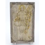 Arts & Crafts: A Compton Pottery plaque of St. Michael with gilt highlights by Mary Watts.