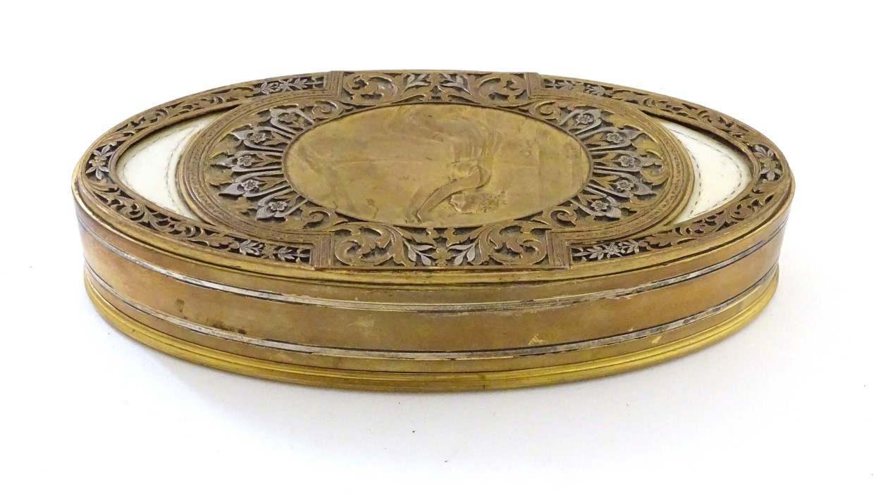 Art Nouveau : An oval gilded bronze and silver plate box having an image of a maiden picking fruit - Image 6 of 12