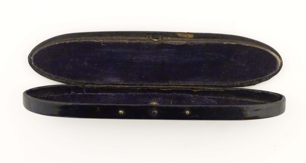 A Victorian papier-mache spectacle case with inlaid abalone shell detail and containing a pair of - Image 2 of 8