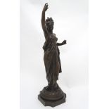 Anna Carrier XIX, Patinated Bronze Sculpture, Draped classical maiden holding arm aloft,