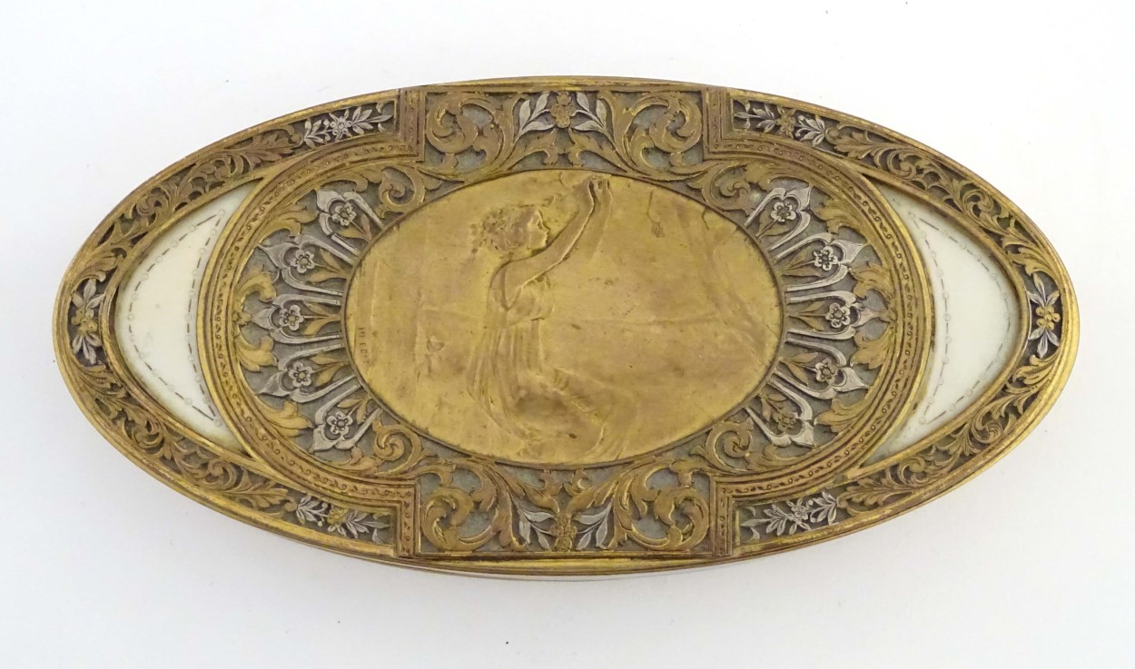 Art Nouveau : An oval gilded bronze and silver plate box having an image of a maiden picking fruit - Image 8 of 12