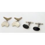 Silver cufflinks, one pair with black enamel decoration,