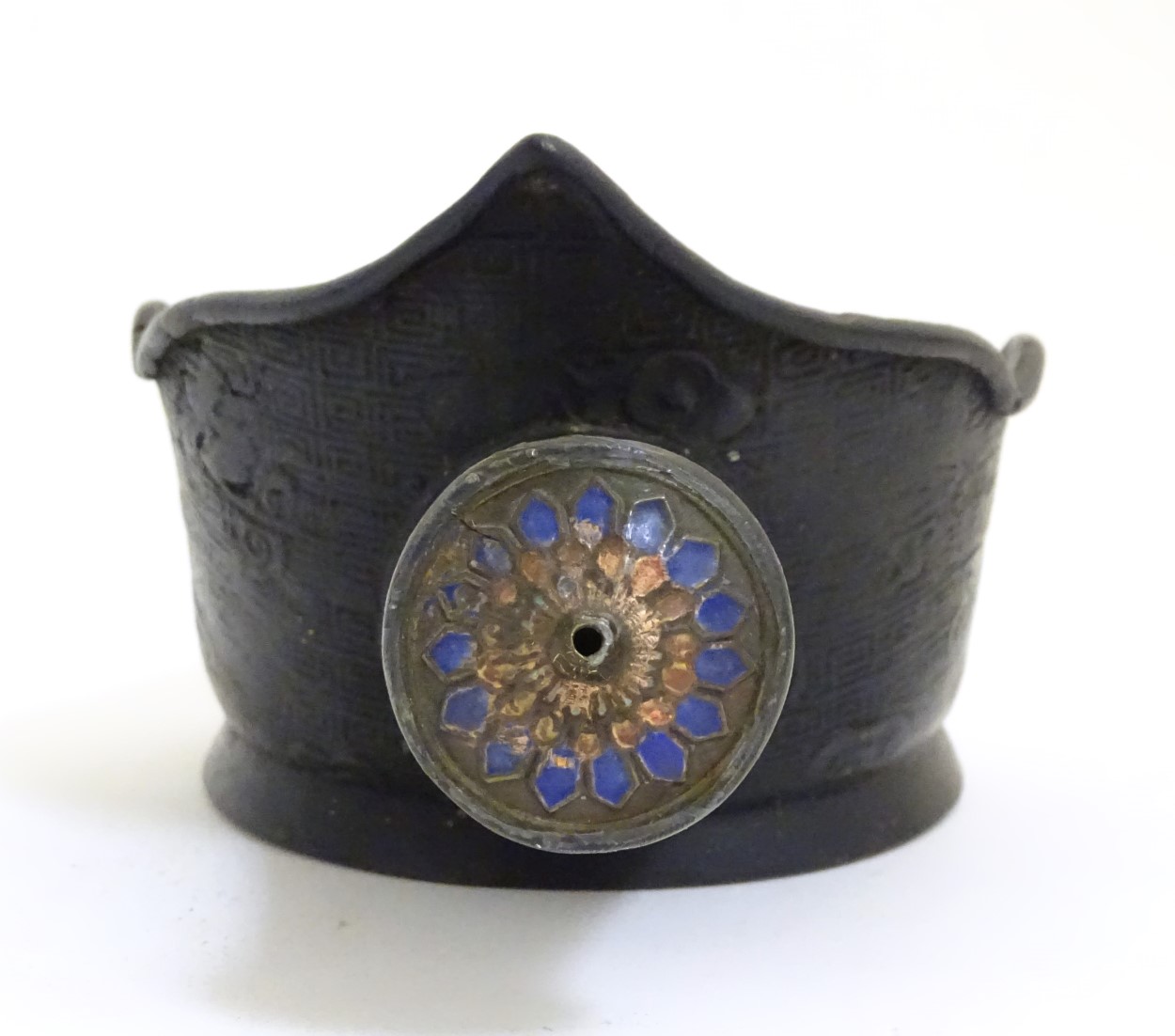 An old bronze Chinese silk iron, with cloisonne decoration to end, 7 1/4" long. - Image 17 of 19