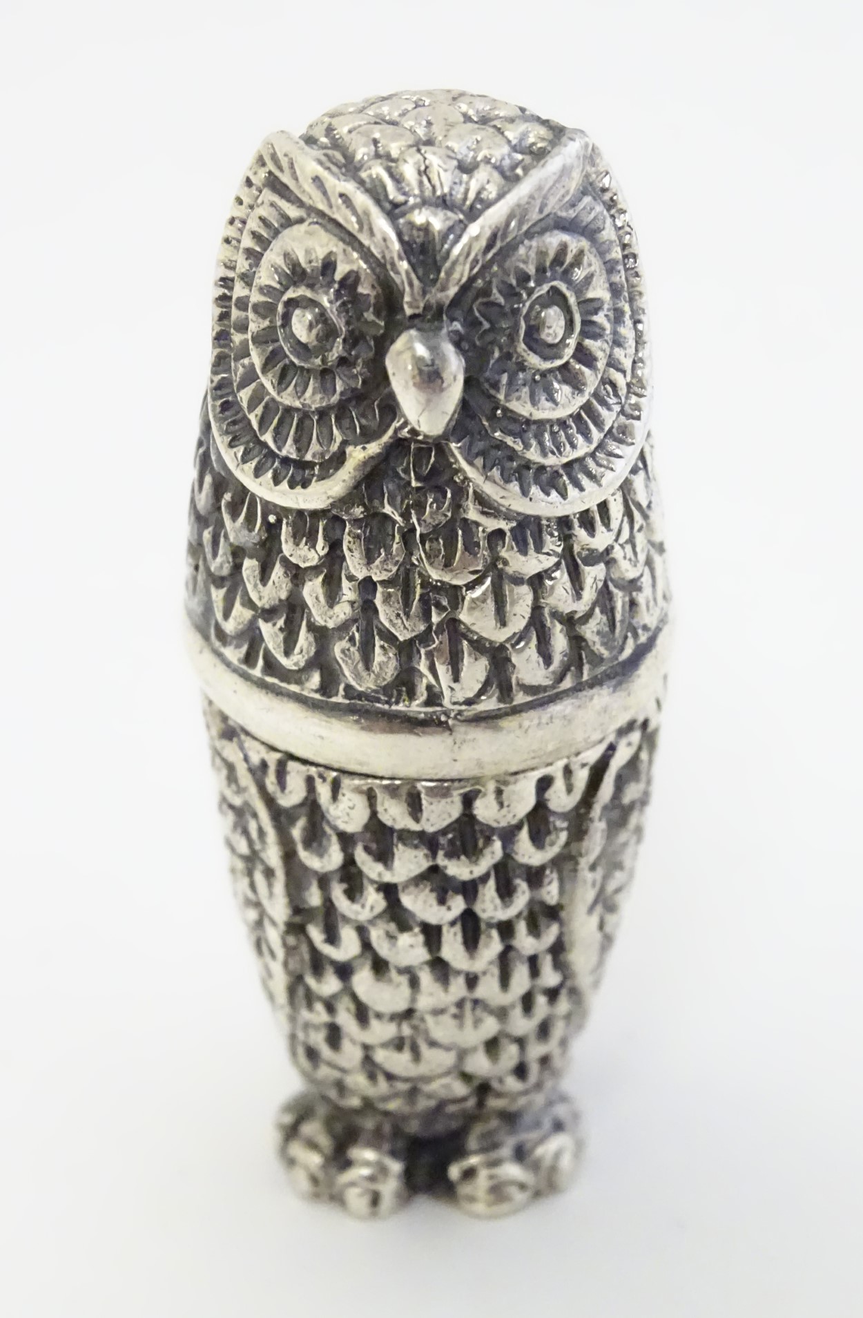 Sewing / needlework, a white metal sewing companion formed as an owl, the base a pin cushion, - Image 4 of 4