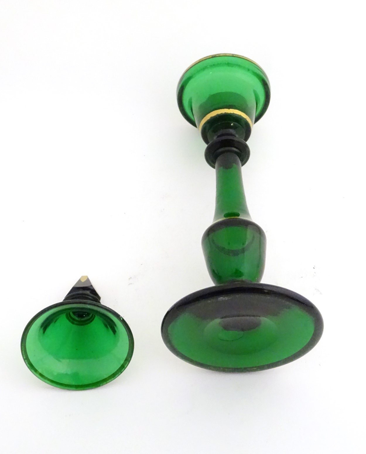 A Victorian tea light holder with a conical snuffer of green glass with gilded decoration, approx. - Image 8 of 8