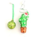 Christmas decorations : Two novelty glass baubles one formed as a cactus,
